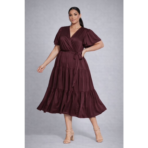 City Chic Dresses & Skirts - City Chic Sweetness Maxi Tiered Dress Oxblood Faux Wrap Belt Size L 20 NWT